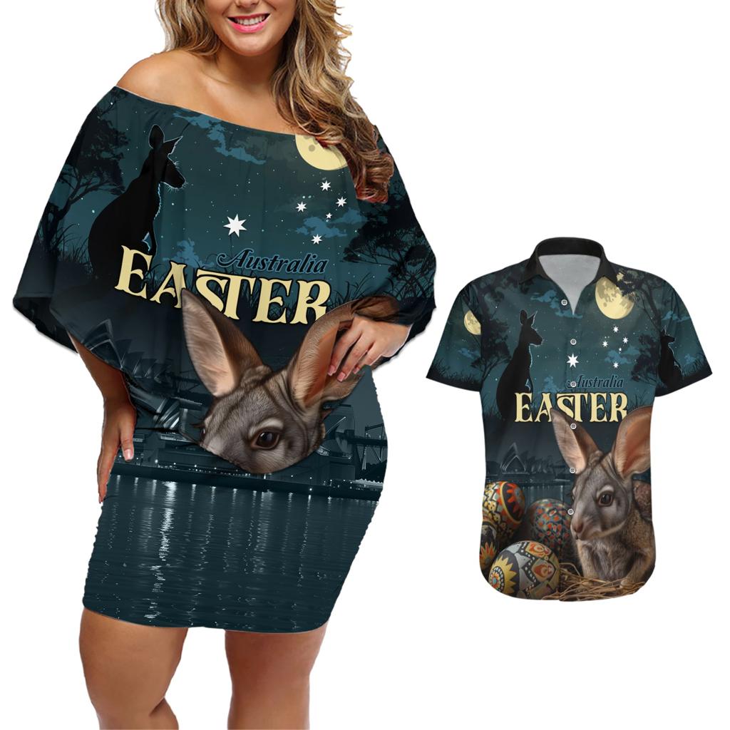 Australia Easter 2024 Couples Matching Off Shoulder Short Dress and Hawaiian Shirt Bunny With Aboriginal Eggs At Starry Night