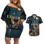 Australia Easter 2024 Couples Matching Off Shoulder Short Dress and Hawaiian Shirt Bunny With Aboriginal Eggs At Starry Night