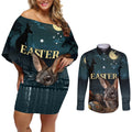 Australia Easter 2024 Couples Matching Off Shoulder Short Dress and Long Sleeve Button Shirt Bunny With Aboriginal Eggs At Starry Night