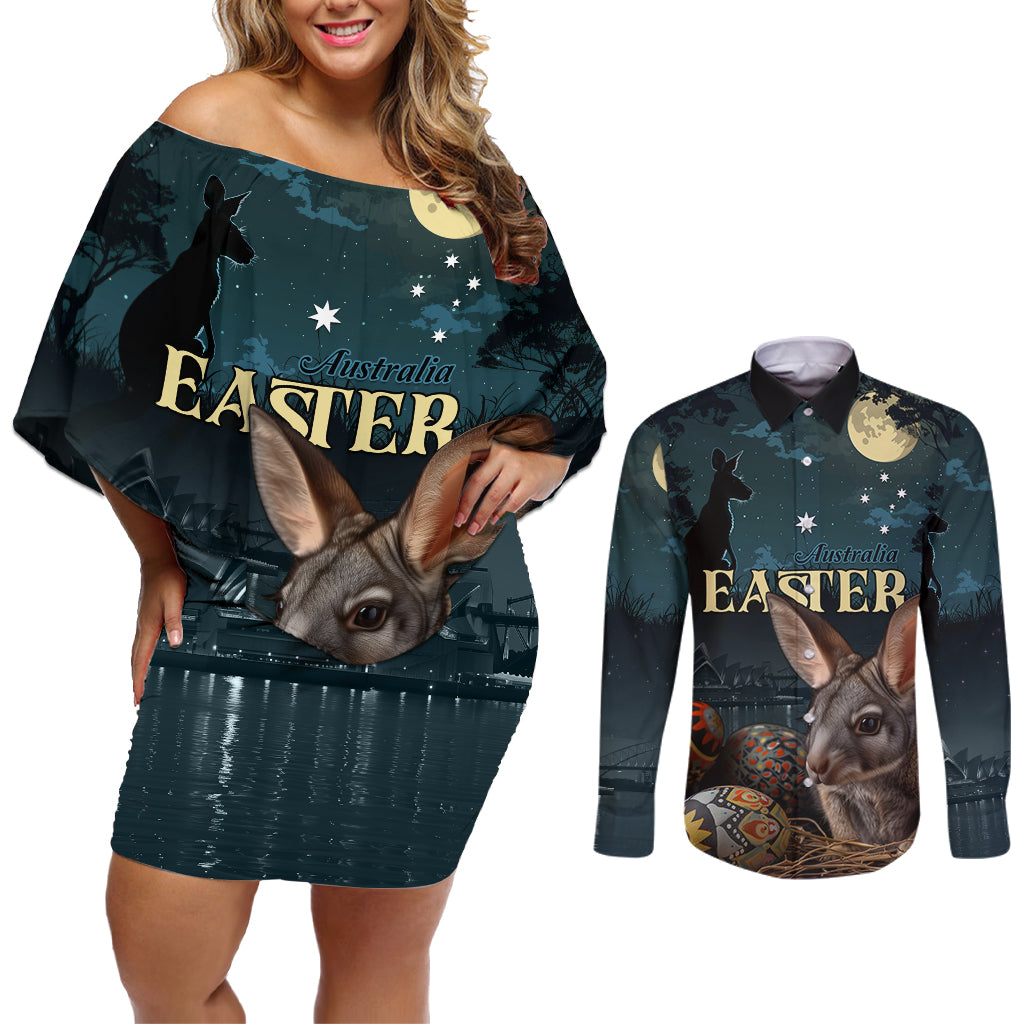 Australia Easter 2024 Couples Matching Off Shoulder Short Dress and Long Sleeve Button Shirt Bunny With Aboriginal Eggs At Starry Night
