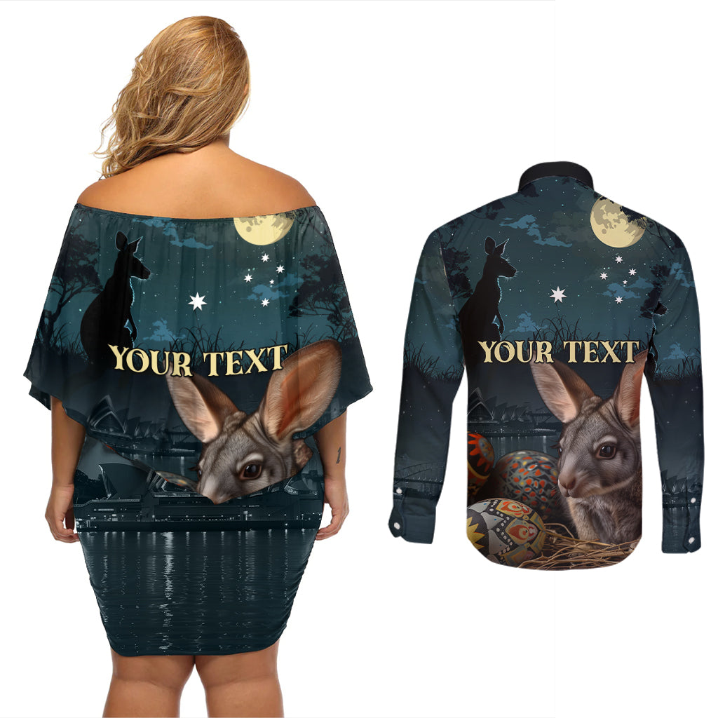 Australia Easter 2024 Couples Matching Off Shoulder Short Dress and Long Sleeve Button Shirt Bunny With Aboriginal Eggs At Starry Night