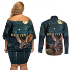 Australia Easter 2024 Couples Matching Off Shoulder Short Dress and Long Sleeve Button Shirt Bunny With Aboriginal Eggs At Starry Night