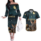 Australia Easter 2024 Couples Matching Off The Shoulder Long Sleeve Dress and Hawaiian Shirt Bunny With Aboriginal Eggs At Starry Night