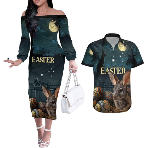 Australia Easter 2024 Couples Matching Off The Shoulder Long Sleeve Dress and Hawaiian Shirt Bunny With Aboriginal Eggs At Starry Night