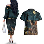 Australia Easter 2024 Couples Matching Off The Shoulder Long Sleeve Dress and Hawaiian Shirt Bunny With Aboriginal Eggs At Starry Night