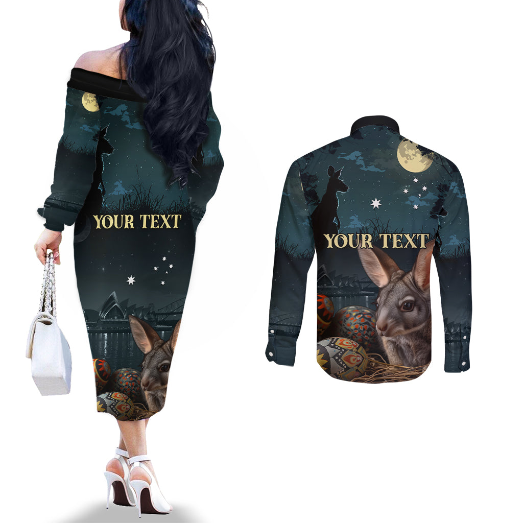 Australia Easter 2024 Couples Matching Off The Shoulder Long Sleeve Dress and Long Sleeve Button Shirt Bunny With Aboriginal Eggs At Starry Night