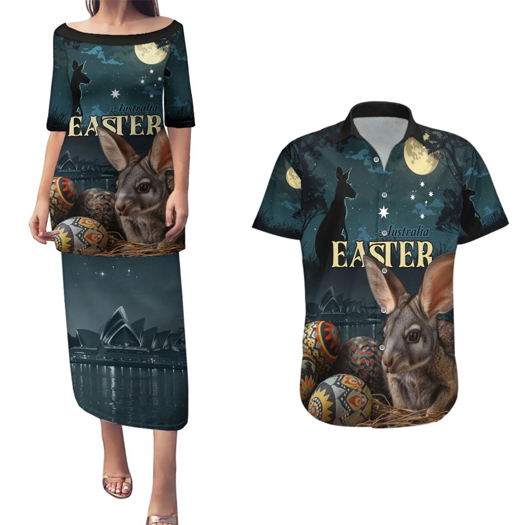 Australia Easter 2024 Couples Matching Puletasi and Hawaiian Shirt Bunny With Aboriginal Eggs At Starry Night