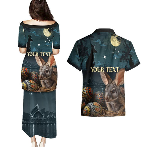 Australia Easter 2024 Couples Matching Puletasi and Hawaiian Shirt Bunny With Aboriginal Eggs At Starry Night