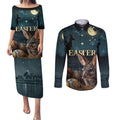 Australia Easter 2024 Couples Matching Puletasi and Long Sleeve Button Shirt Bunny With Aboriginal Eggs At Starry Night