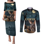 Australia Easter 2024 Couples Matching Puletasi and Long Sleeve Button Shirt Bunny With Aboriginal Eggs At Starry Night