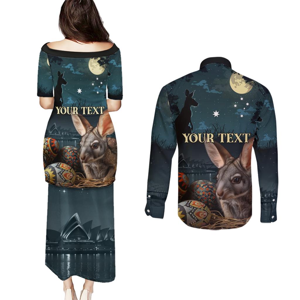 Australia Easter 2024 Couples Matching Puletasi and Long Sleeve Button Shirt Bunny With Aboriginal Eggs At Starry Night