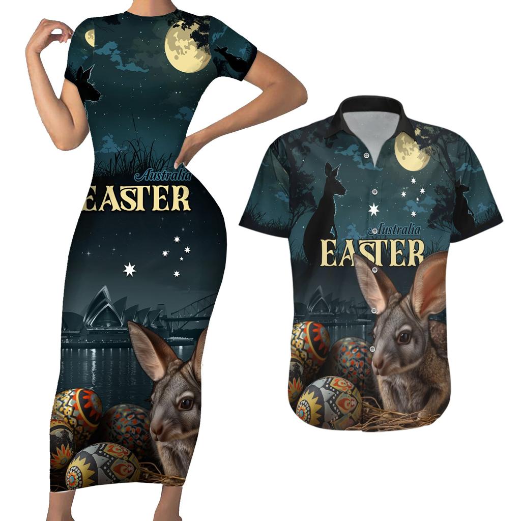 Australia Easter 2024 Couples Matching Short Sleeve Bodycon Dress and Hawaiian Shirt Bunny With Aboriginal Eggs At Starry Night