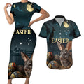Australia Easter 2024 Couples Matching Short Sleeve Bodycon Dress and Hawaiian Shirt Bunny With Aboriginal Eggs At Starry Night