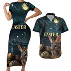 Australia Easter 2024 Couples Matching Short Sleeve Bodycon Dress and Hawaiian Shirt Bunny With Aboriginal Eggs At Starry Night