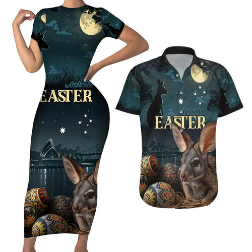 Australia Easter 2024 Couples Matching Short Sleeve Bodycon Dress and Hawaiian Shirt Bunny With Aboriginal Eggs At Starry Night