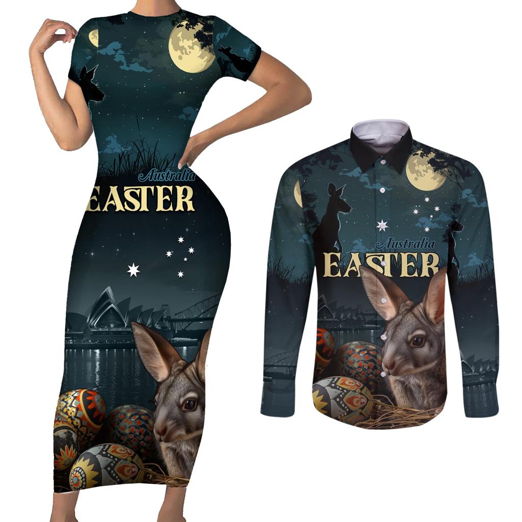 Australia Easter 2024 Couples Matching Short Sleeve Bodycon Dress and Long Sleeve Button Shirt Bunny With Aboriginal Eggs At Starry Night