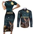 Australia Easter 2024 Couples Matching Short Sleeve Bodycon Dress and Long Sleeve Button Shirt Bunny With Aboriginal Eggs At Starry Night