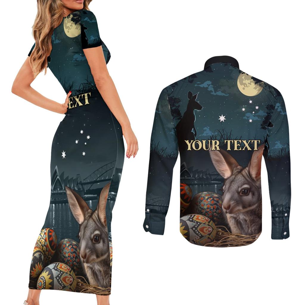 Australia Easter 2024 Couples Matching Short Sleeve Bodycon Dress and Long Sleeve Button Shirt Bunny With Aboriginal Eggs At Starry Night