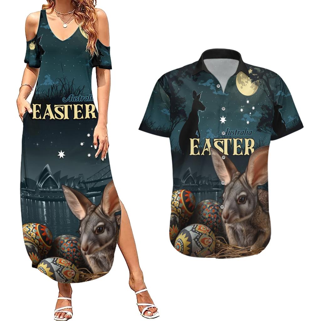 Australia Easter 2024 Couples Matching Summer Maxi Dress and Hawaiian Shirt Bunny With Aboriginal Eggs At Starry Night