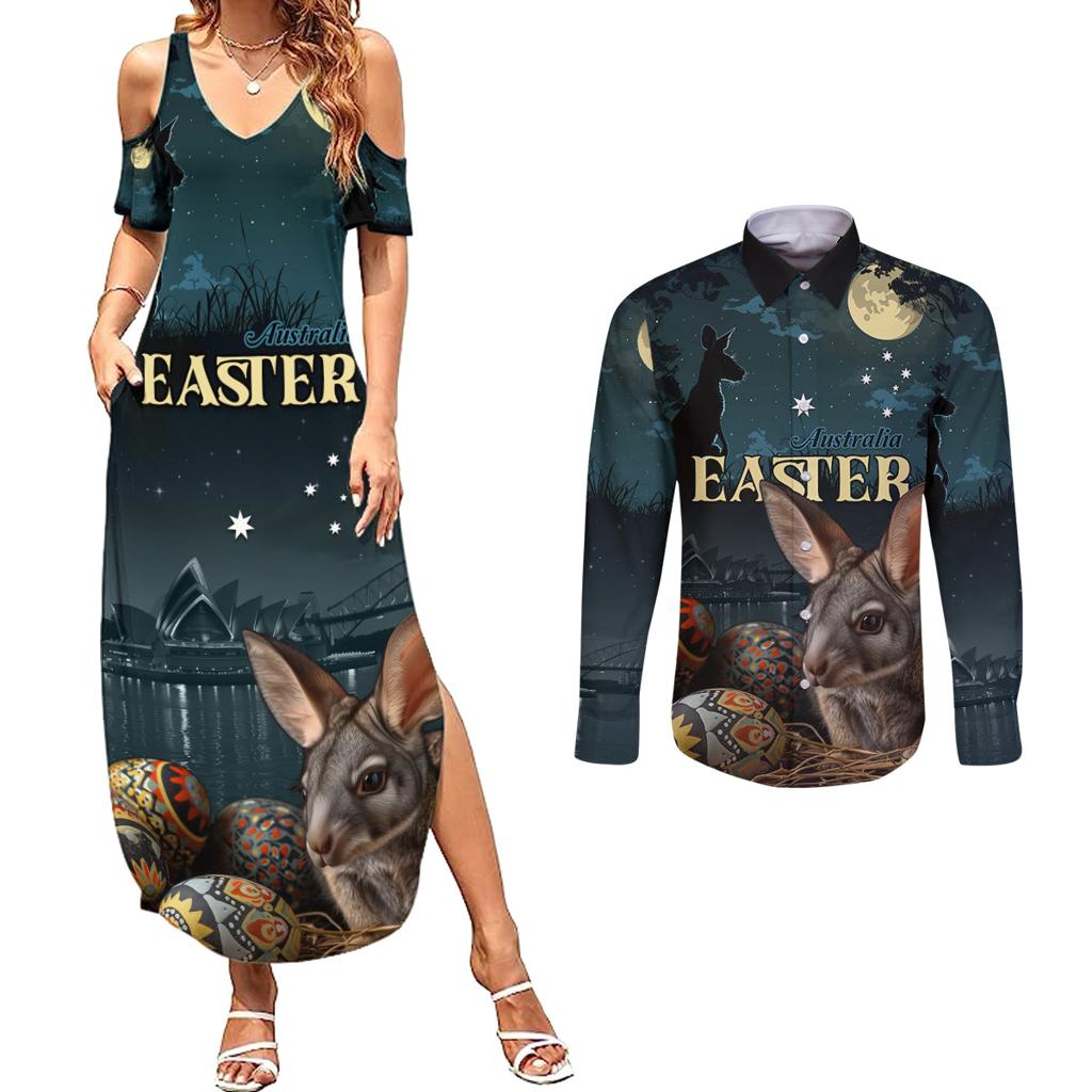 Australia Easter 2024 Couples Matching Summer Maxi Dress and Long Sleeve Button Shirt Bunny With Aboriginal Eggs At Starry Night