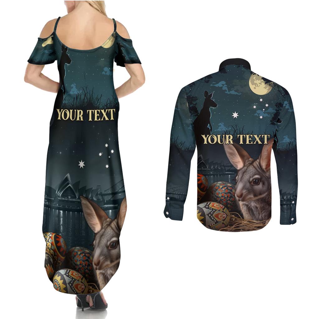 Australia Easter 2024 Couples Matching Summer Maxi Dress and Long Sleeve Button Shirt Bunny With Aboriginal Eggs At Starry Night