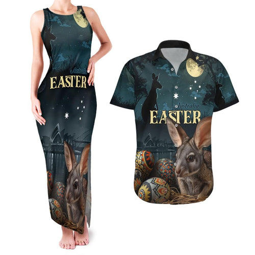 Australia Easter 2024 Couples Matching Tank Maxi Dress and Hawaiian Shirt Bunny With Aboriginal Eggs At Starry Night