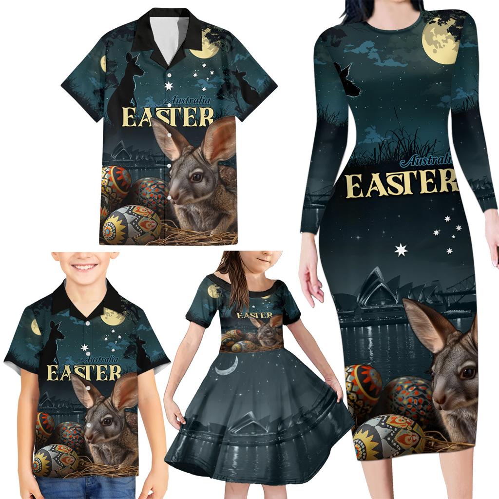 Australia Easter 2024 Family Matching Long Sleeve Bodycon Dress and Hawaiian Shirt Bunny With Aboriginal Eggs At Starry Night