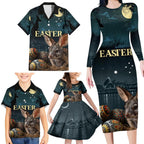 Australia Easter 2024 Family Matching Long Sleeve Bodycon Dress and Hawaiian Shirt Bunny With Aboriginal Eggs At Starry Night