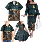 Australia Easter 2024 Family Matching Off The Shoulder Long Sleeve Dress and Hawaiian Shirt Bunny With Aboriginal Eggs At Starry Night