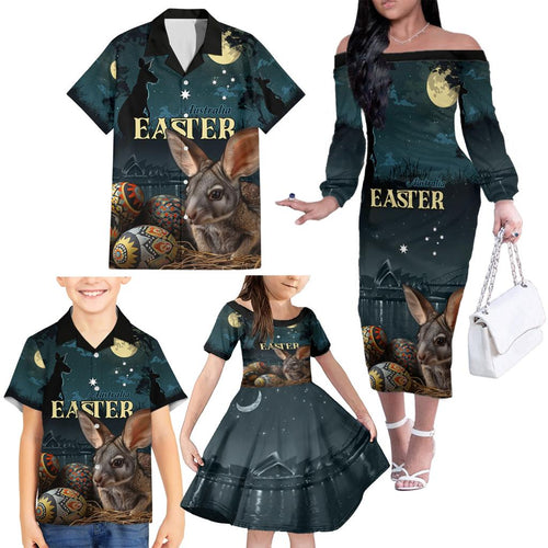 Australia Easter 2024 Family Matching Off The Shoulder Long Sleeve Dress and Hawaiian Shirt Bunny With Aboriginal Eggs At Starry Night