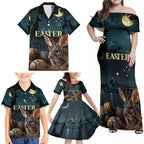 Australia Easter 2024 Family Matching Off Shoulder Maxi Dress and Hawaiian Shirt Bunny With Aboriginal Eggs At Starry Night