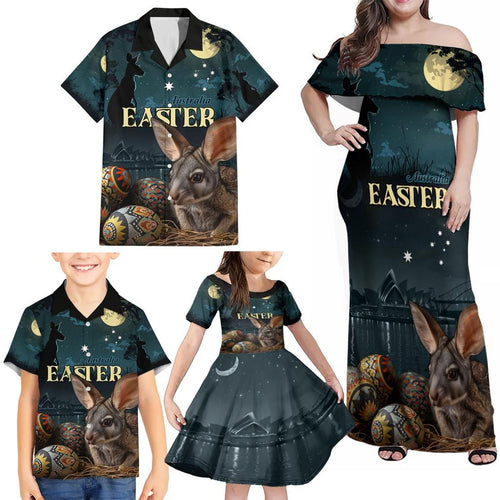 Australia Easter 2024 Family Matching Off Shoulder Maxi Dress and Hawaiian Shirt Bunny With Aboriginal Eggs At Starry Night