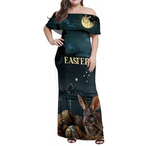 Australia Easter 2024 Family Matching Off Shoulder Maxi Dress and Hawaiian Shirt Bunny With Aboriginal Eggs At Starry Night