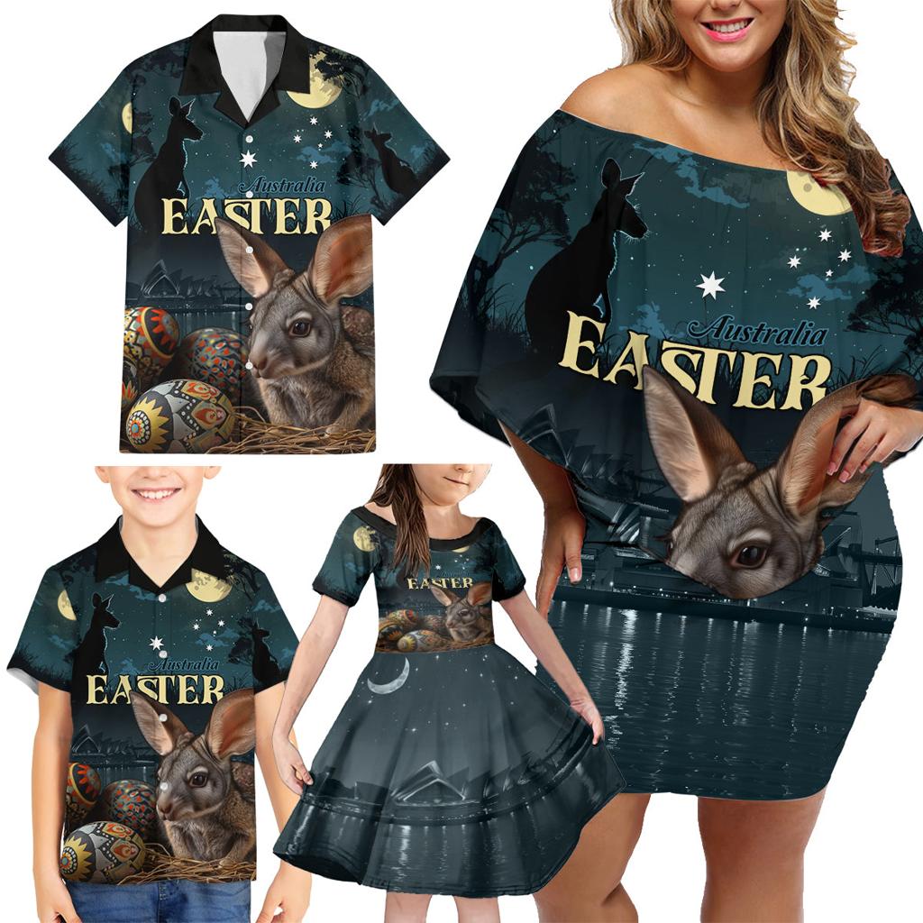Australia Easter 2024 Family Matching Off Shoulder Short Dress and Hawaiian Shirt Bunny With Aboriginal Eggs At Starry Night