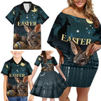 Australia Easter 2024 Family Matching Off Shoulder Short Dress and Hawaiian Shirt Bunny With Aboriginal Eggs At Starry Night