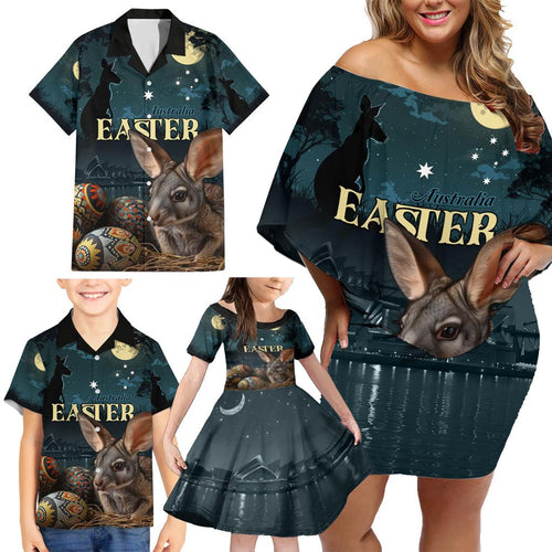 Australia Easter 2024 Family Matching Off Shoulder Short Dress and Hawaiian Shirt Bunny With Aboriginal Eggs At Starry Night