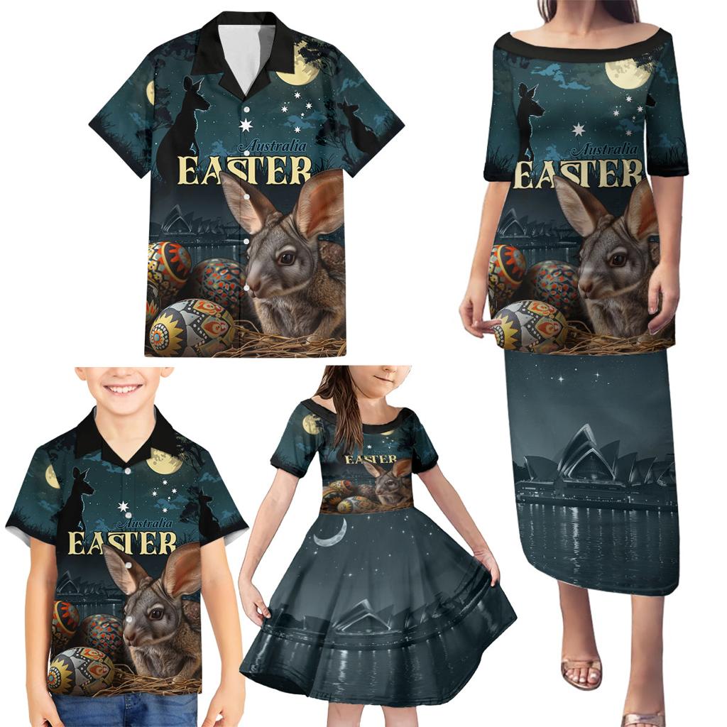 Australia Easter 2024 Family Matching Puletasi and Hawaiian Shirt Bunny With Aboriginal Eggs At Starry Night