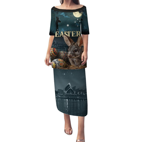 Australia Easter 2024 Family Matching Puletasi and Hawaiian Shirt Bunny With Aboriginal Eggs At Starry Night