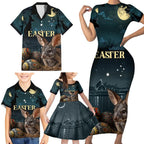 Australia Easter 2024 Family Matching Short Sleeve Bodycon Dress and Hawaiian Shirt Bunny With Aboriginal Eggs At Starry Night