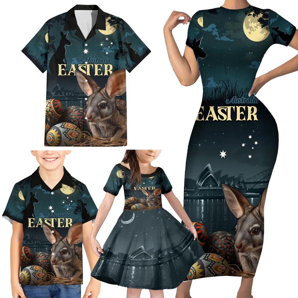 Australia Easter 2024 Family Matching Short Sleeve Bodycon Dress and Hawaiian Shirt Bunny With Aboriginal Eggs At Starry Night