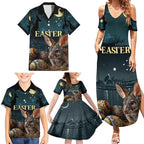 Australia Easter 2024 Family Matching Summer Maxi Dress and Hawaiian Shirt Bunny With Aboriginal Eggs At Starry Night