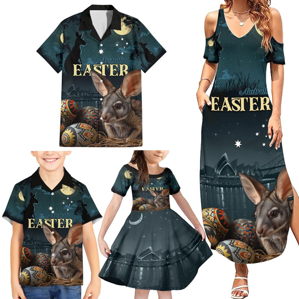 Australia Easter 2024 Family Matching Summer Maxi Dress and Hawaiian Shirt Bunny With Aboriginal Eggs At Starry Night