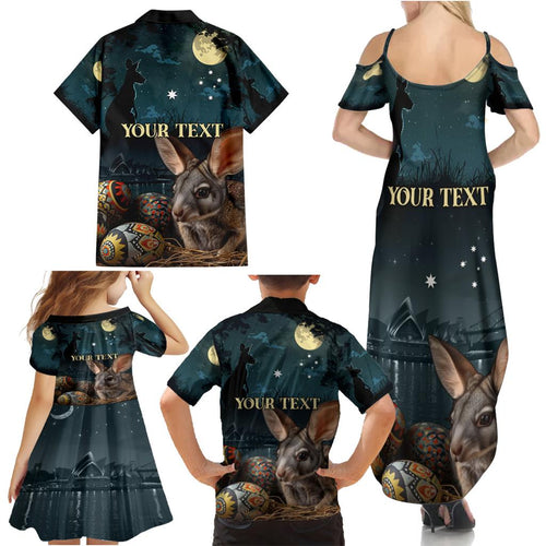 Australia Easter 2024 Family Matching Summer Maxi Dress and Hawaiian Shirt Bunny With Aboriginal Eggs At Starry Night
