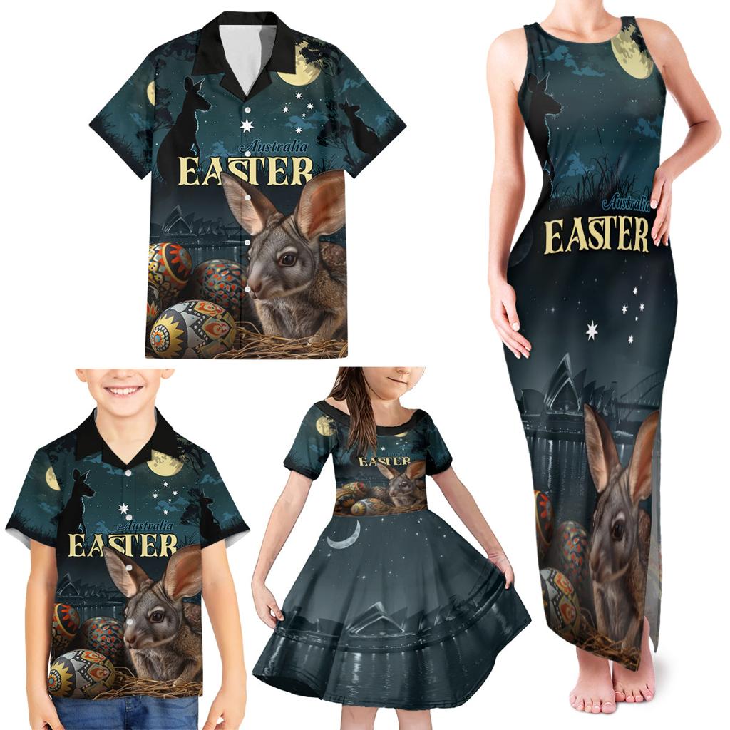 Australia Easter 2024 Family Matching Tank Maxi Dress and Hawaiian Shirt Bunny With Aboriginal Eggs At Starry Night