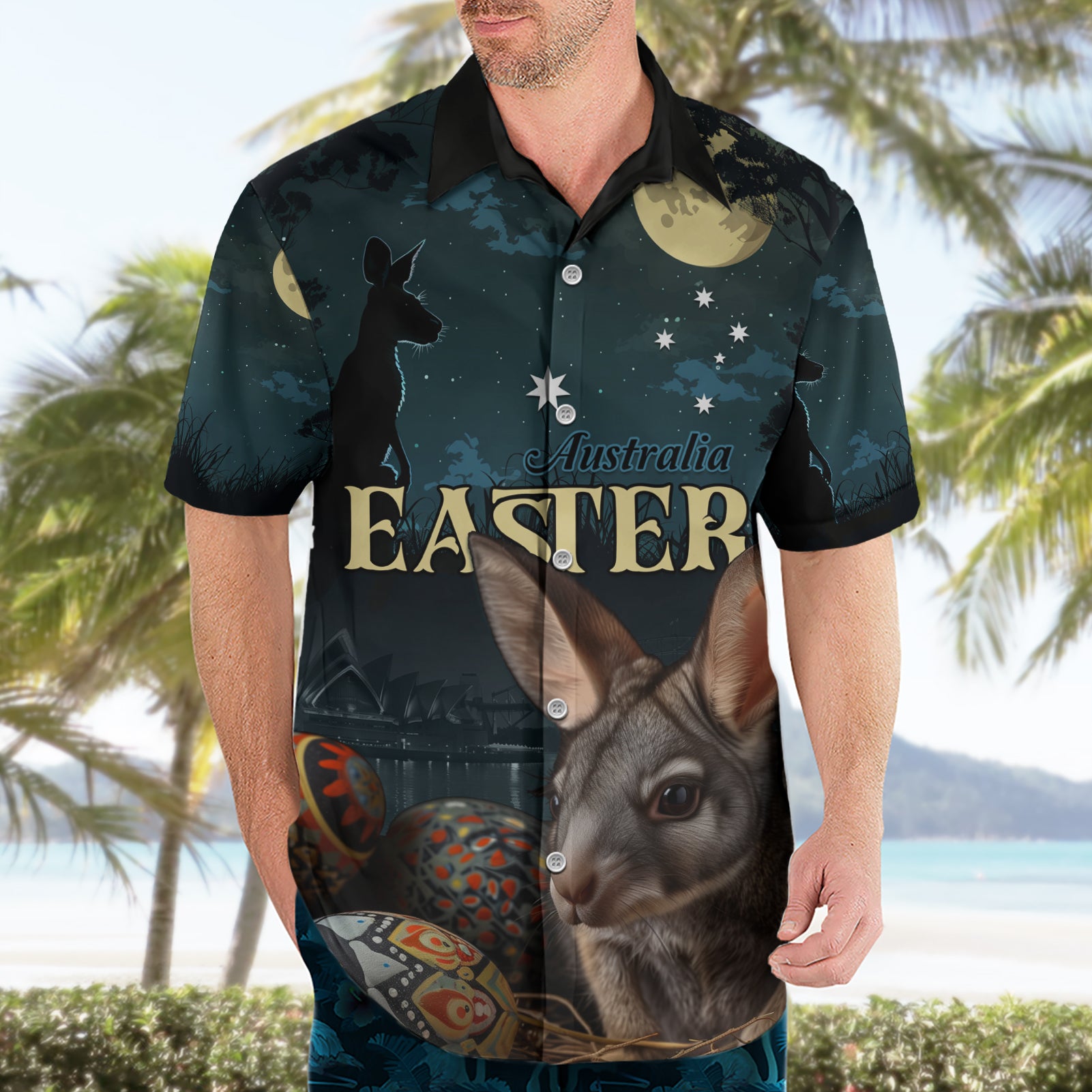 Australia Easter 2024 Hawaiian Shirt Bunny With Aboriginal Eggs At Starry Night