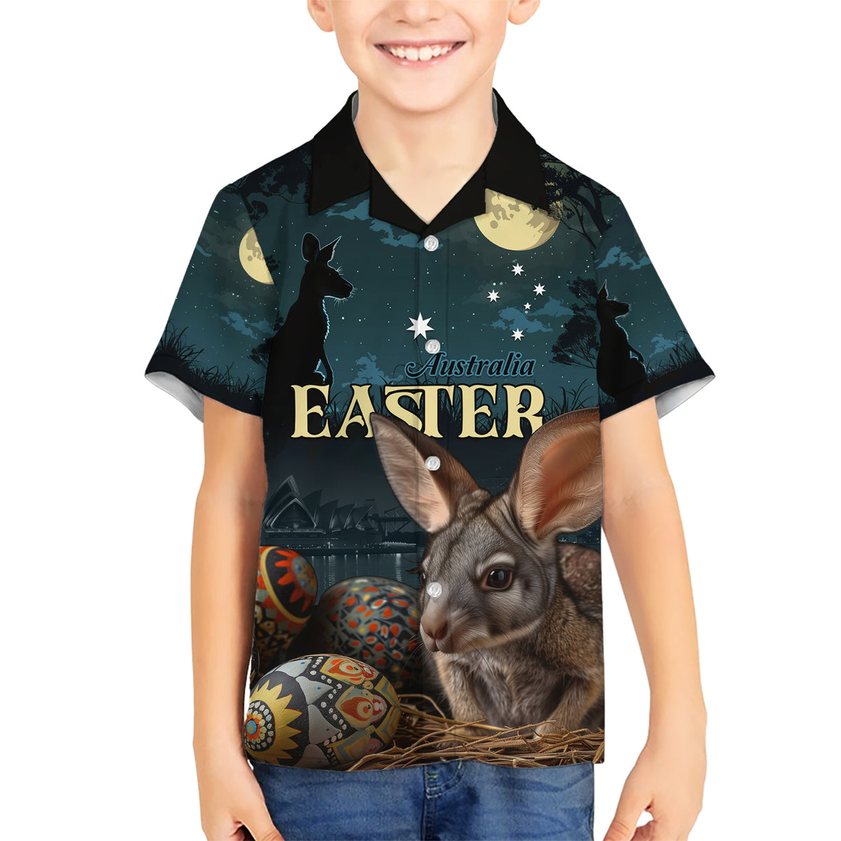 Australia Easter 2024 Kid Hawaiian Shirt Bunny With Aboriginal Eggs At Starry Night