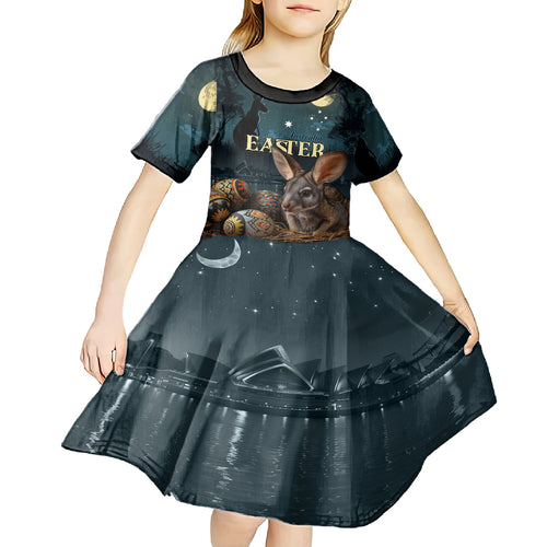 Australia Easter 2024 Kid Short Sleeve Dress Bunny With Aboriginal Eggs At Starry Night