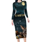 Australia Easter 2024 Long Sleeve Bodycon Dress Bunny With Aboriginal Eggs At Starry Night