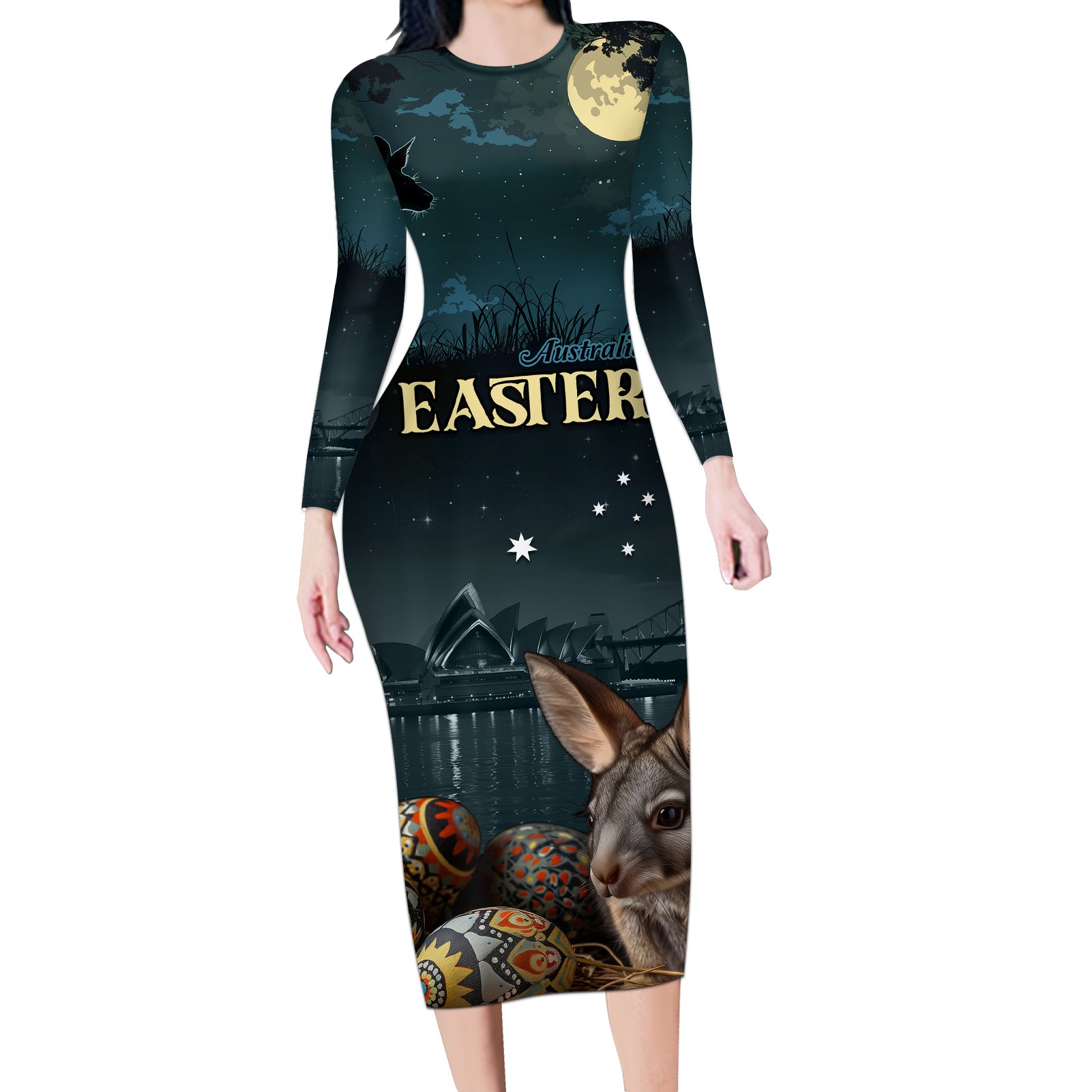 Australia Easter 2024 Long Sleeve Bodycon Dress Bunny With Aboriginal Eggs At Starry Night