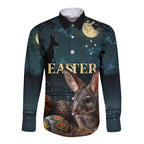 Australia Easter 2024 Long Sleeve Button Shirt Bunny With Aboriginal Eggs At Starry Night